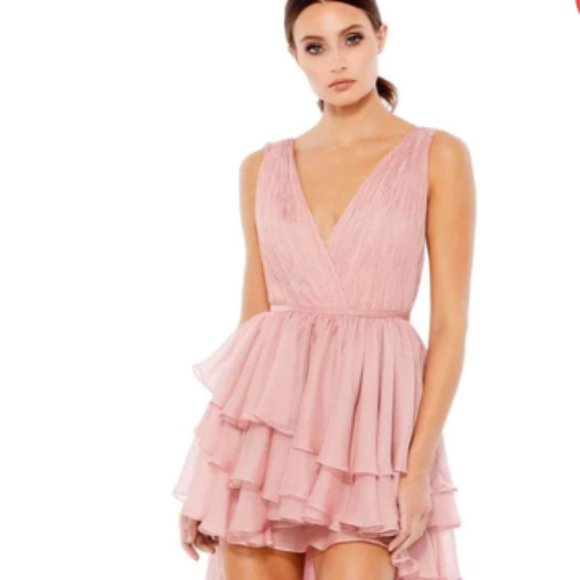 MAC DUGGAL TIERED RUFFLE CHIFFON HIGH LOW ROSE PINK GOWN sz 2